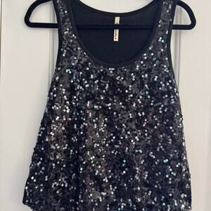 Black silver sequin tank top womens small glam party rave disco y2k going out